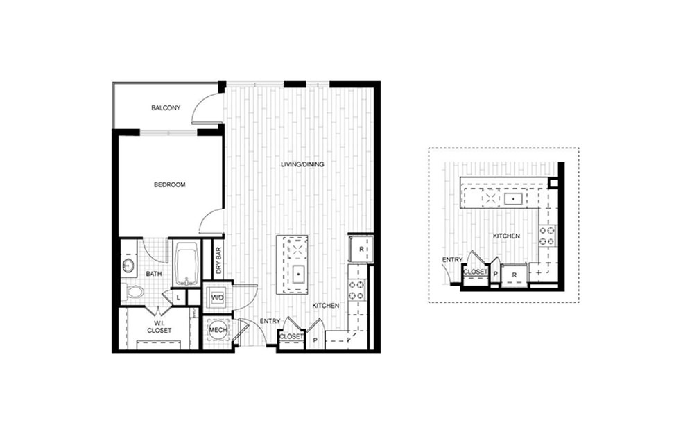 F.A01A_B - 1 bedroom floorplan layout with 1 bath and 763 to 842 square feet.