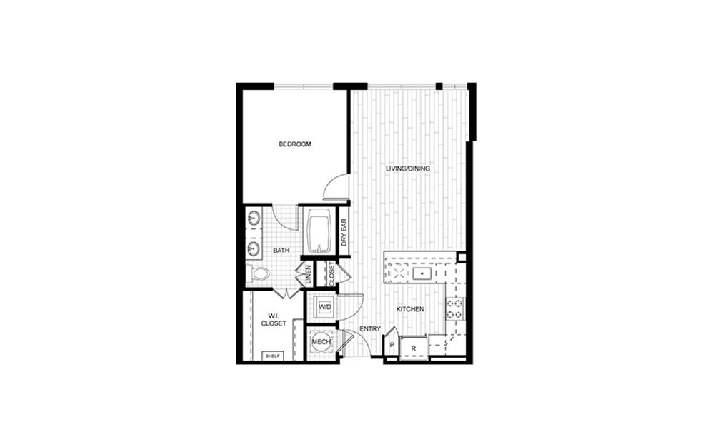 F.A02 WDU - 1 bedroom floorplan layout with 1 bathroom and 716 square feet