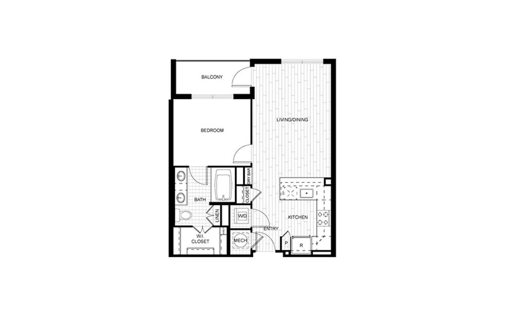 F.A02A - 1 bedroom floorplan layout with 1 bath and 647 to 659 square feet.