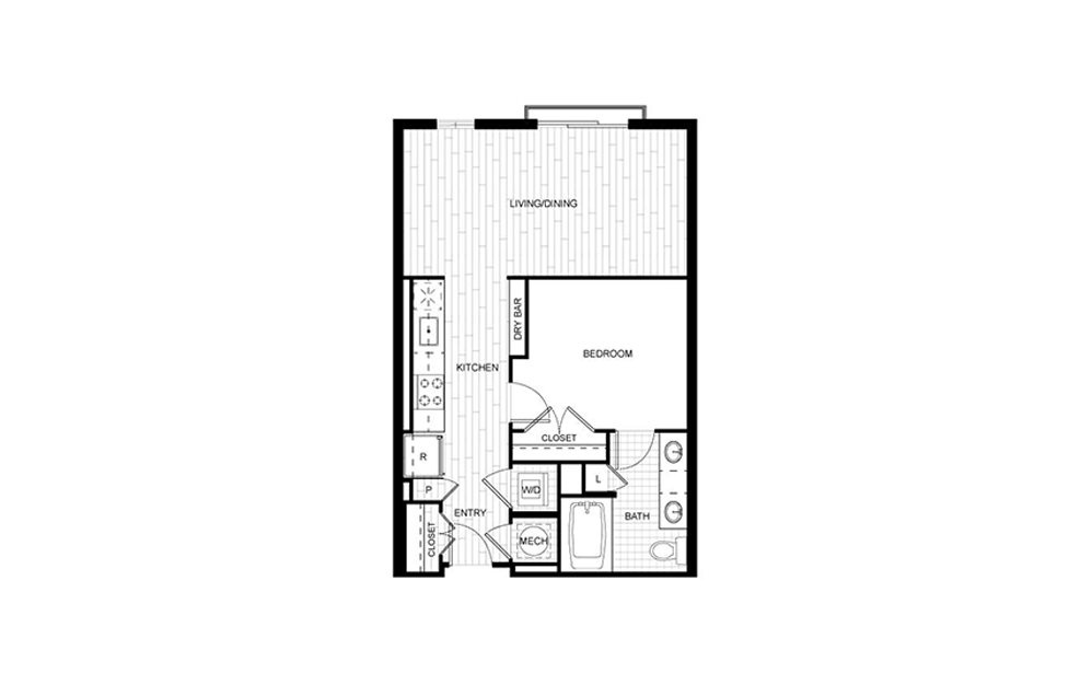 F.A02B WDU - 1 bedroom floorplan layout with 1 bath and 639 square feet.