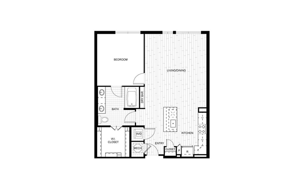 F.A03 - 1 bedroom floorplan layout with 1 bath and 819 to 877 square feet.