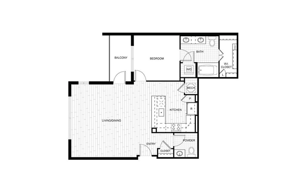 F.A06 - 1 bedroom floorplan layout with 1.5 bath and 892 to 893 square feet.