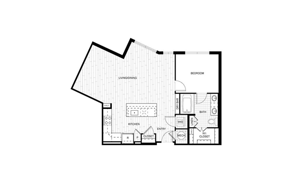 F.A07 - 1 bedroom floorplan layout with 1 bath and 822 square feet.