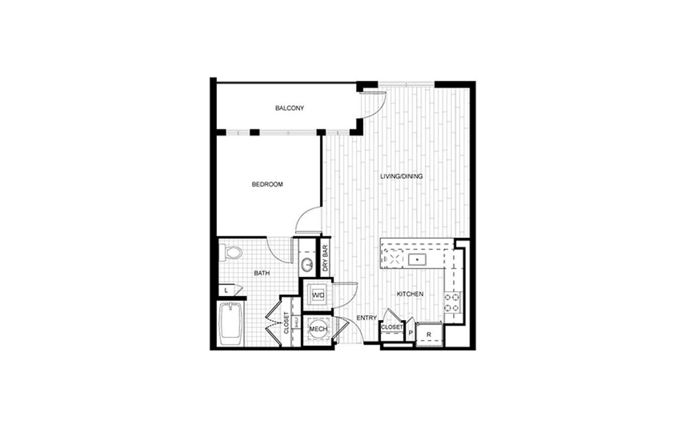 F.A08-ANSI WDU - 1 bedroom floorplan layout with 1 bath and 752 square feet.