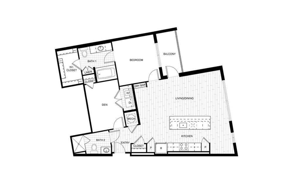 F.B01 - 1 bedroom floorplan layout with 2 baths and 1096 to 1097 square feet.