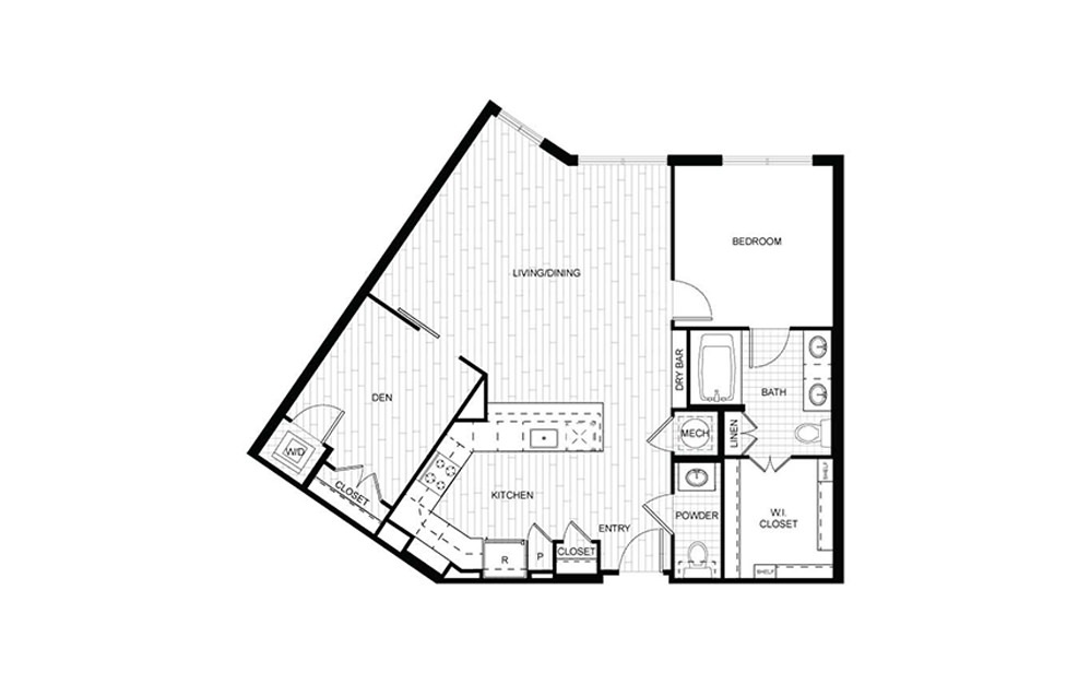 F.B02 - 1 bedroom floorplan layout with 1.5 bath and 1009 square feet.