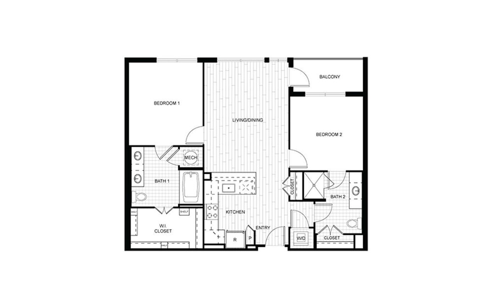 F.C01 - 2 bedroom floorplan layout with 2 baths and 996 to 1107 square feet.