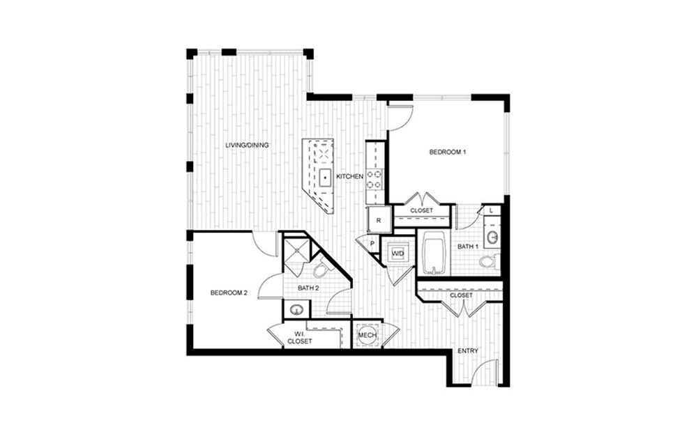 F.C02 - 2 bedroom floorplan layout with 2 baths and 1033 square feet.