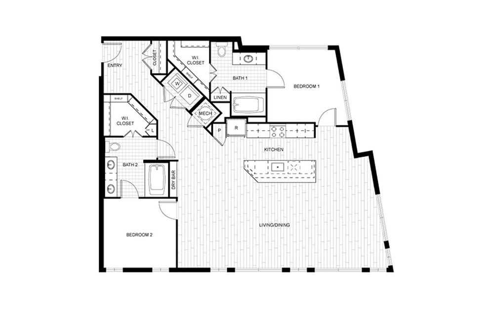 F.C03 - 2 bedroom floorplan layout with 2 baths and 1390 to 1425 square feet.