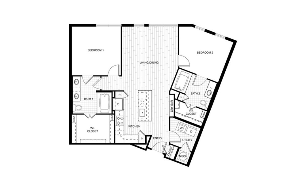 F.C04 - 2 bedroom floorplan layout with 2 baths and 1093 to 1097 square feet.