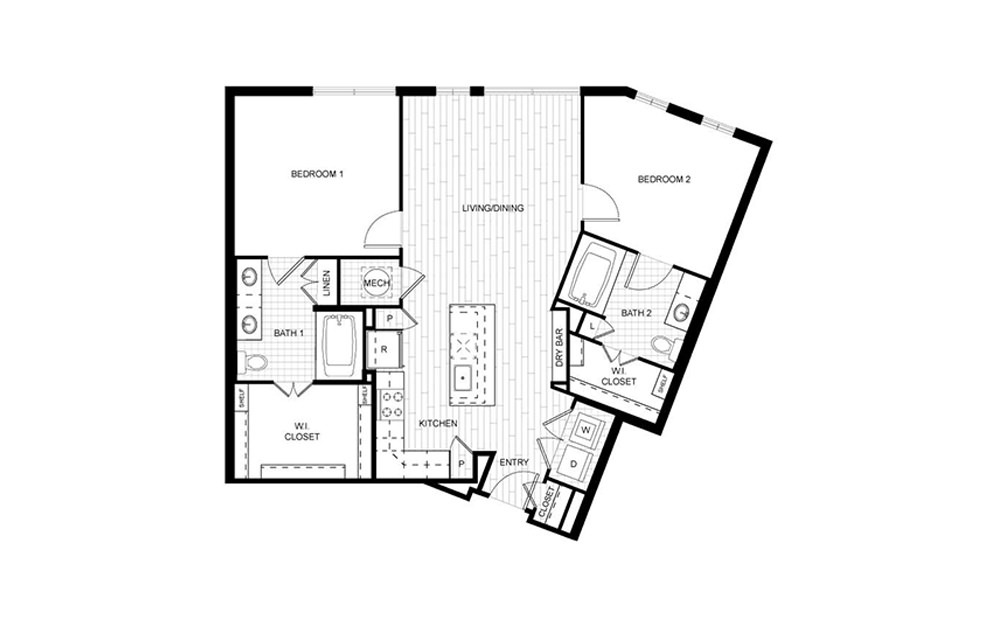 F.C04B - 2 bedroom floorplan layout with 2 baths and 1066 square feet.