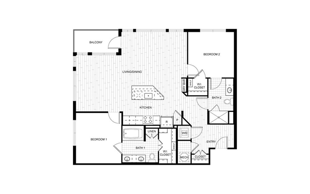 F.C05 - 2 bedroom floorplan layout with 2 baths and 1200 to 1207 square feet.