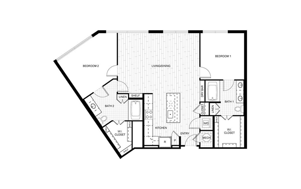 F.C06 - 2 bedroom floorplan layout with 2 baths and 1209 square feet.
