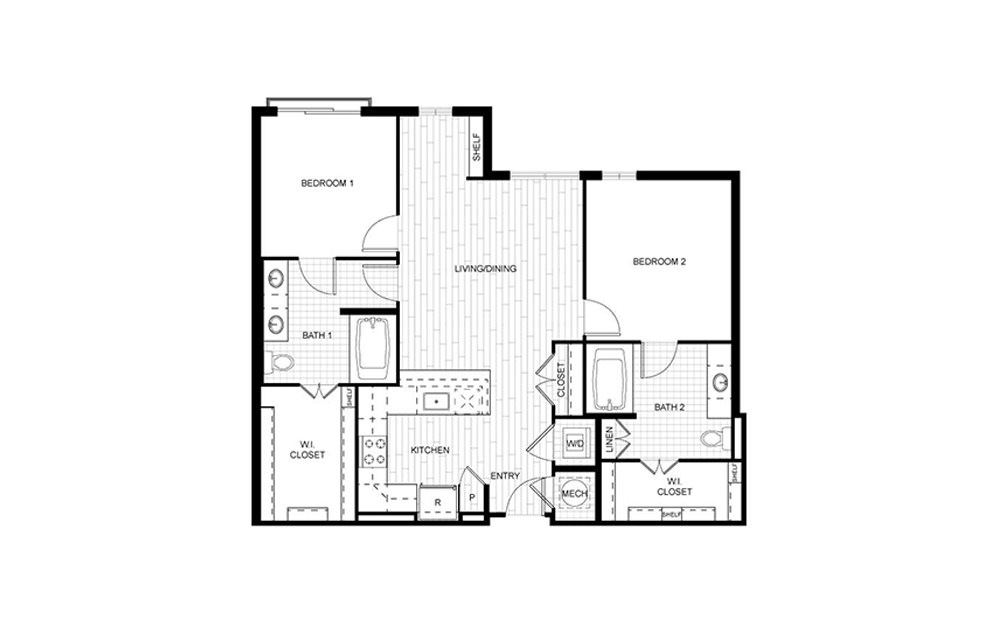 F.C07 - 2 bedroom floorplan layout with 2 baths and 1055 square feet.