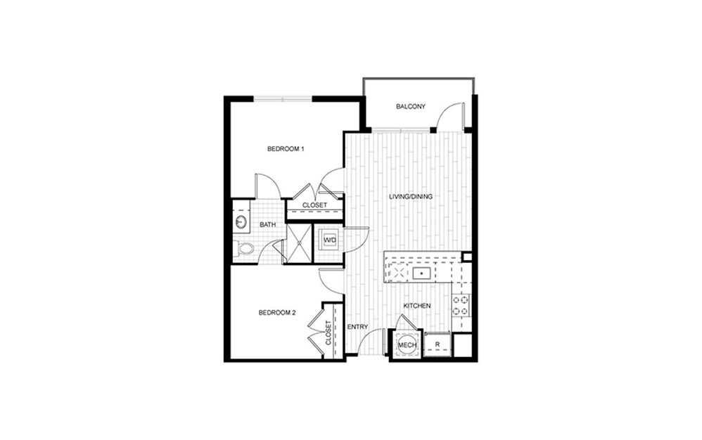 F.C08 WDU - 2 bedroom floorplan layout with 1 bath and 711 square feet.