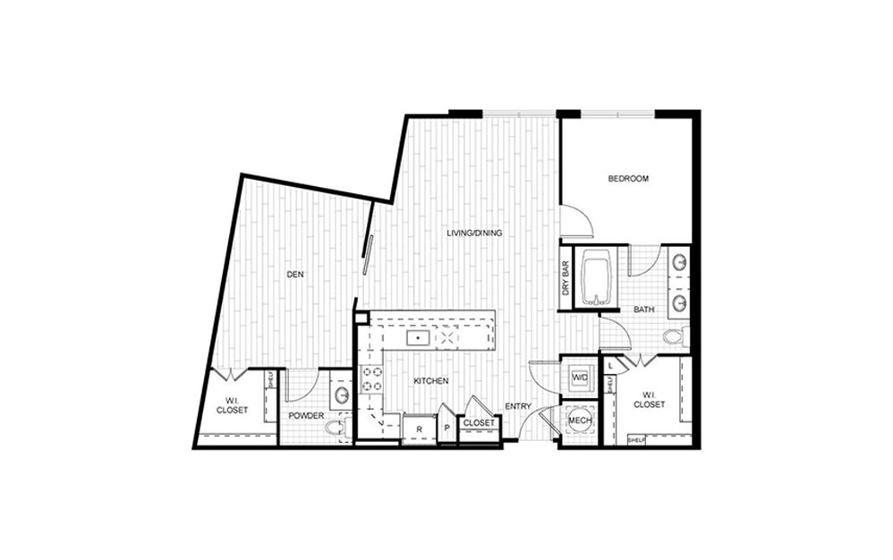 F.C09 WDU - 1 bedroom floorplan layout with 1.5 bath and 1043 square feet.