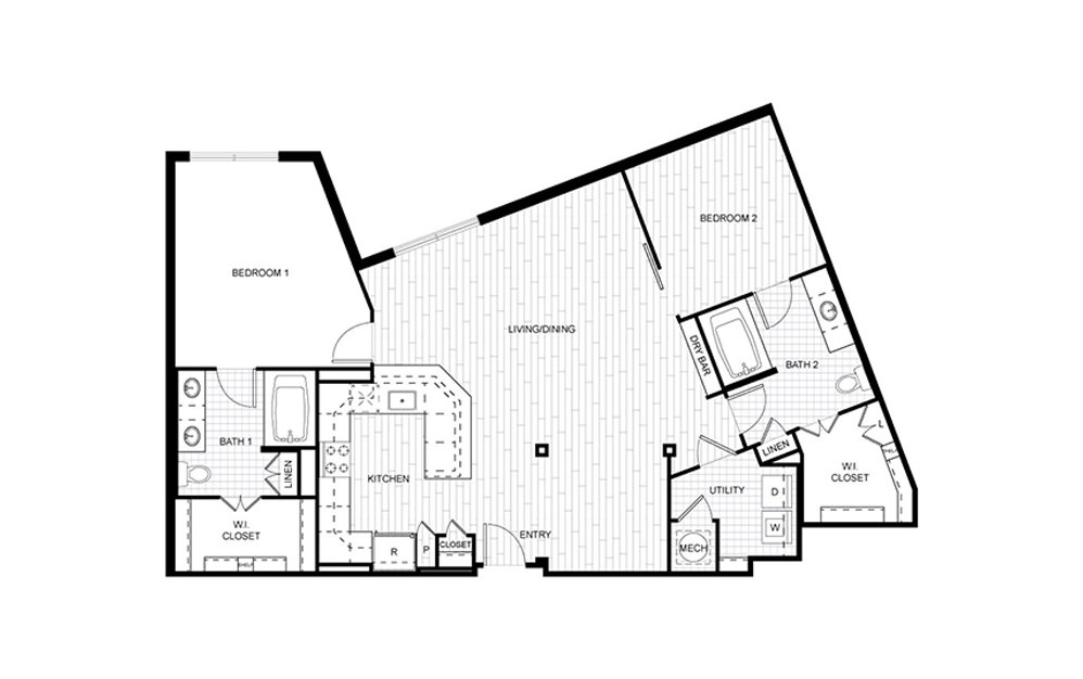 F.C10 - 2 bedroom floorplan layout with 2 baths and 1329 square feet.