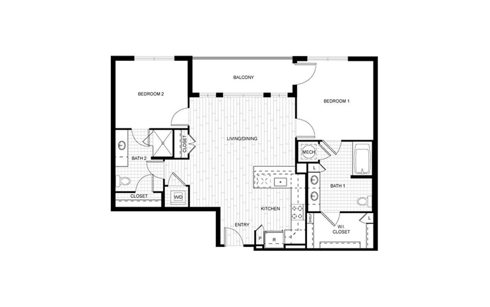 F.C12ANSI - 2 bedroom floorplan layout with 2 baths and 993 square feet.
