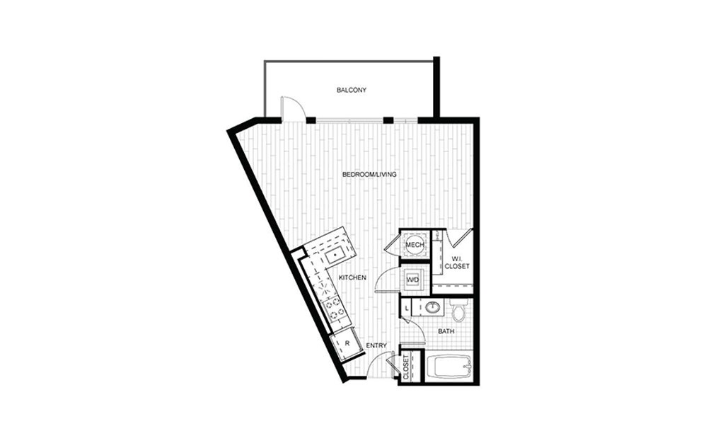 F.S01 - Studio floorplan layout with 1 bath and 576 square feet.