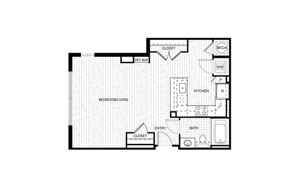 F.S02 - Studio floorplan layout with 1 bath and 644 square feet.