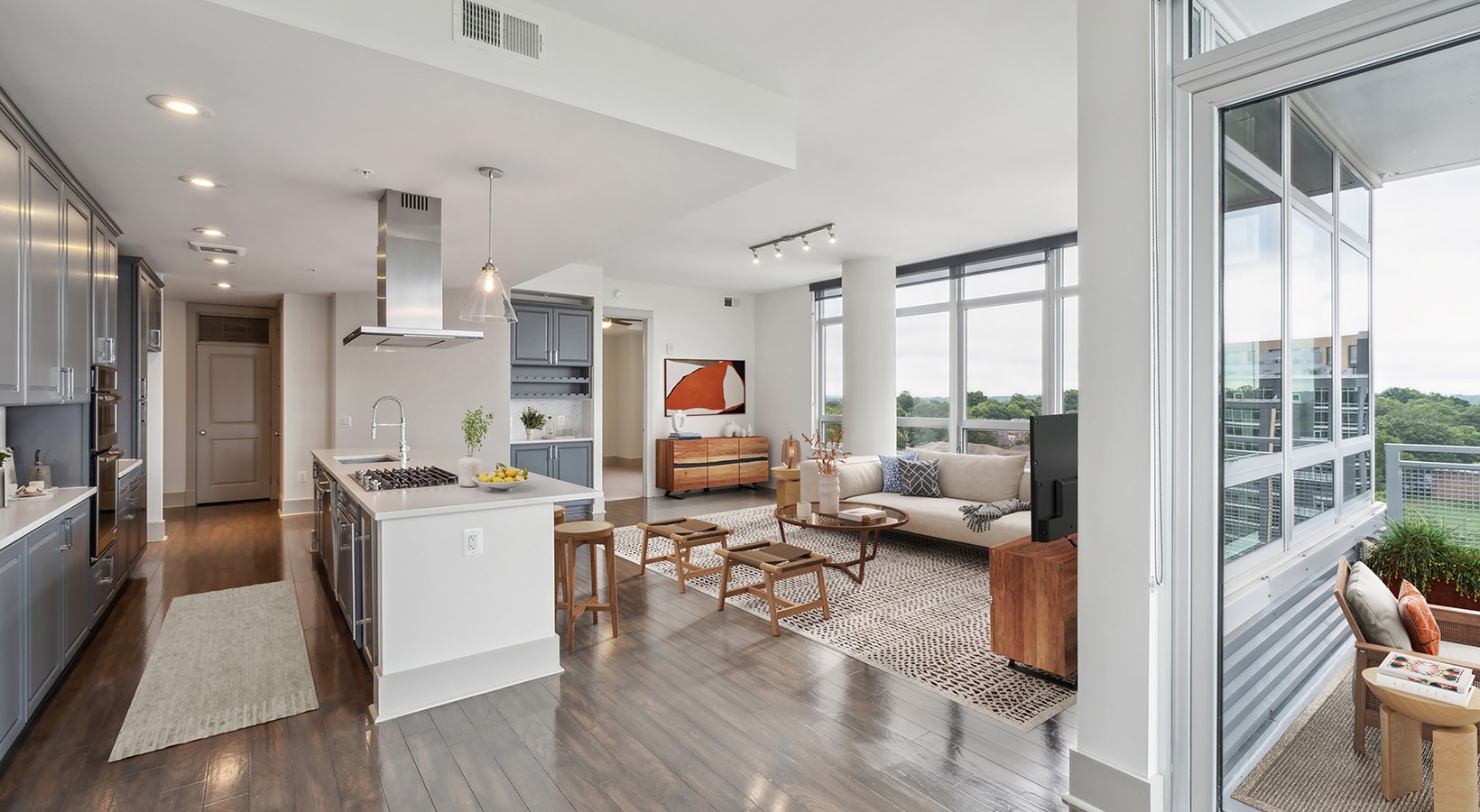 kitchen with large island and view of the living room 