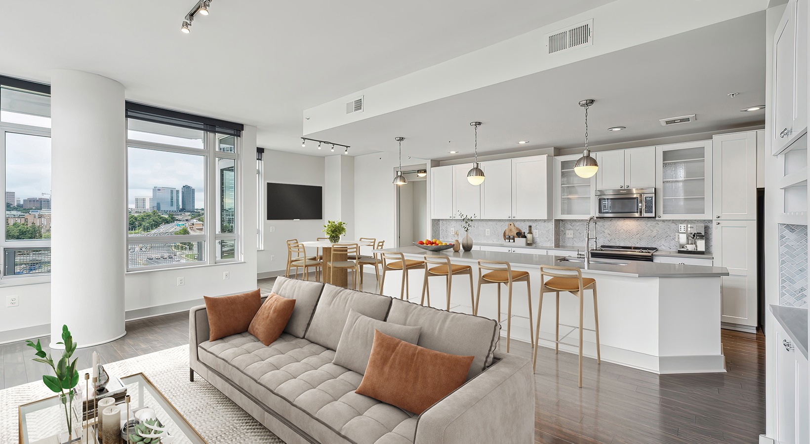 living room and kitchen with large windows