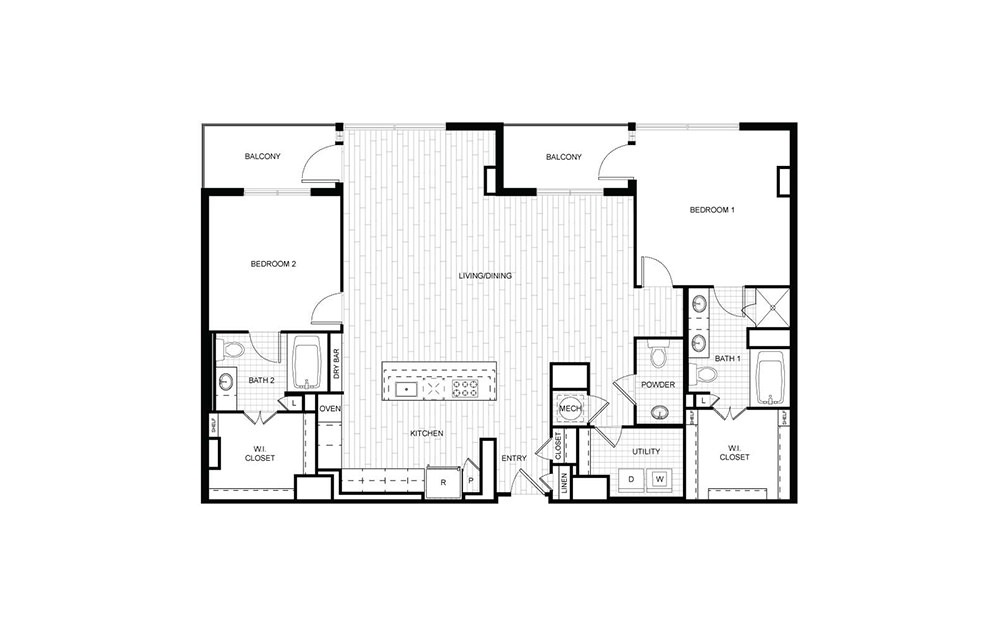 PH.D01 - 2 bedroom floorplan layout with 2.5 baths and 1589 to 1590 square feet.