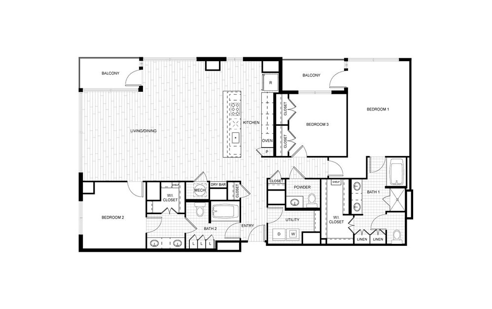 PH.E01 - 3 bedroom floorplan layout with 2.5 baths and 1856 square feet.