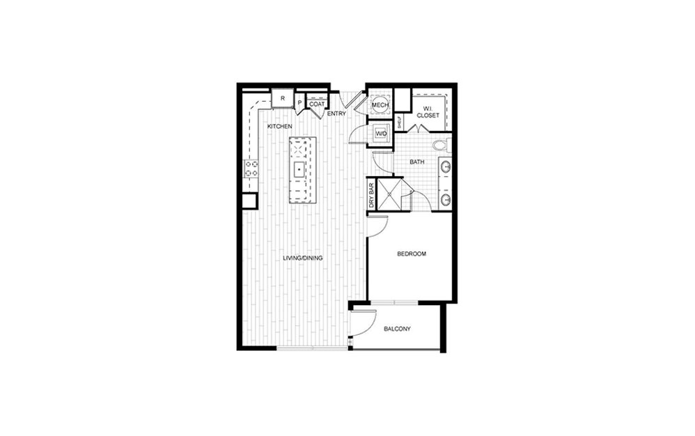T.A01A - 1 bedroom floorplan layout with 1 bath and 832 to 834 square feet.