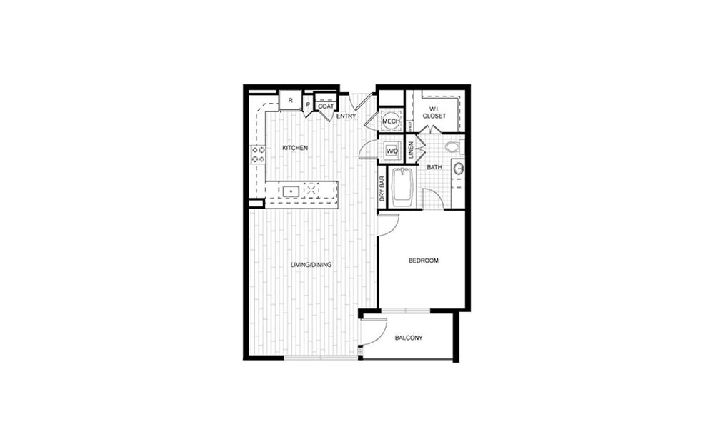 T.A01B - 1 bedroom floorplan layout with 1 bath and 833 square feet.