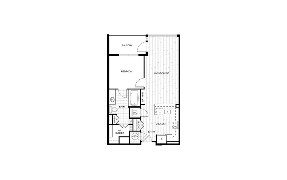 T.A02 - 1 bedroom floorplan layout with 1 bath and 664 to 682 square feet.