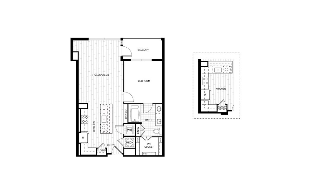 T.A02A_B - 1 bedroom floorplan layout with 1 bath and 748 to 755 square feet.