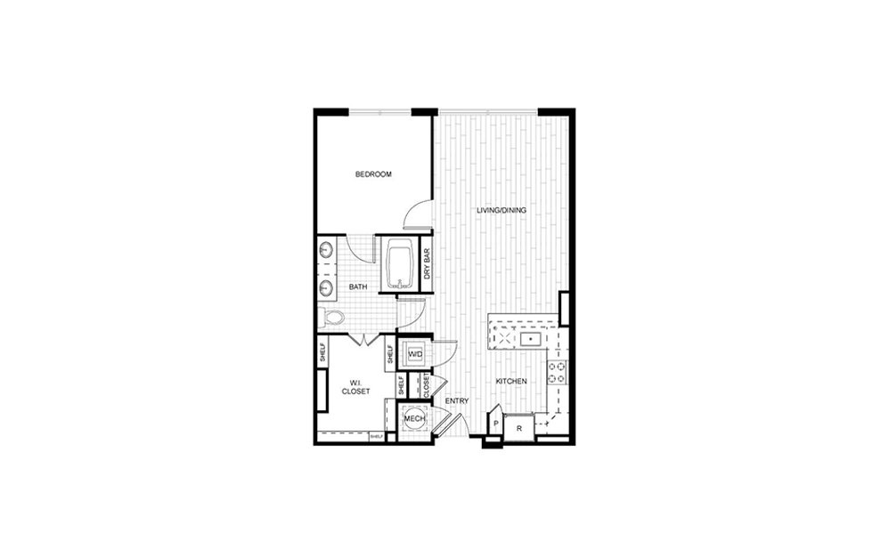 T.A03 - 1 bedroom floorplan layout with 1 bath and 767 to 777 square feet.