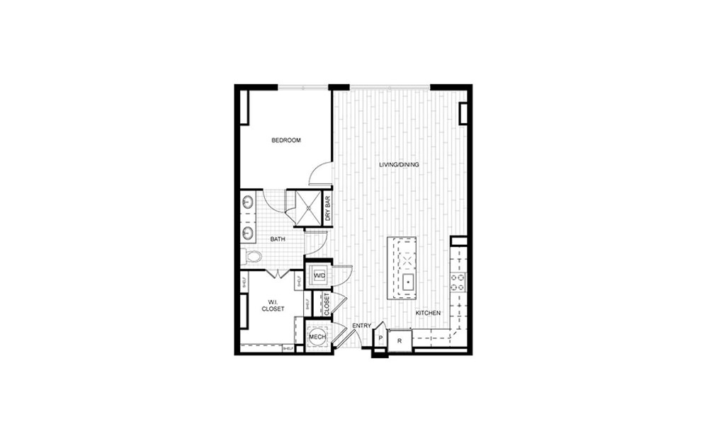 T.A04 - 1 bedroom floorplan layout with 1 bath and 849 to 864 square feet.