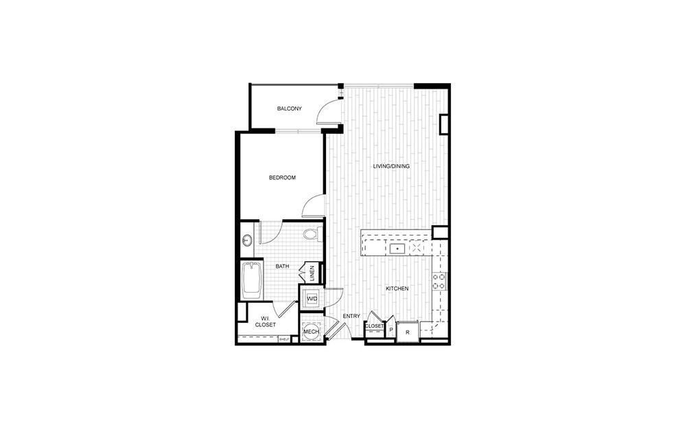 T.A05ANSI - 1 bedroom floorplan layout with 1 bath and 833 square feet.