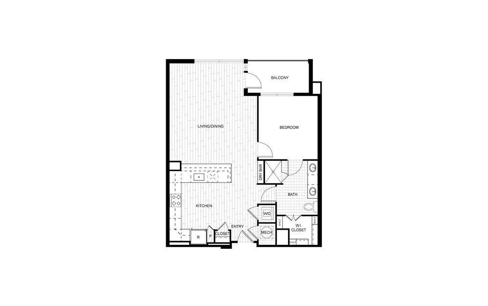 T.A06 - 1 bedroom floorplan layout with 1 bath and 833 square feet.