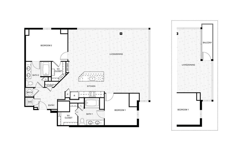 T.C01_T.C01B - 2 bedroom floorplan layout with 2 baths and 1358 to 1422 square feet.