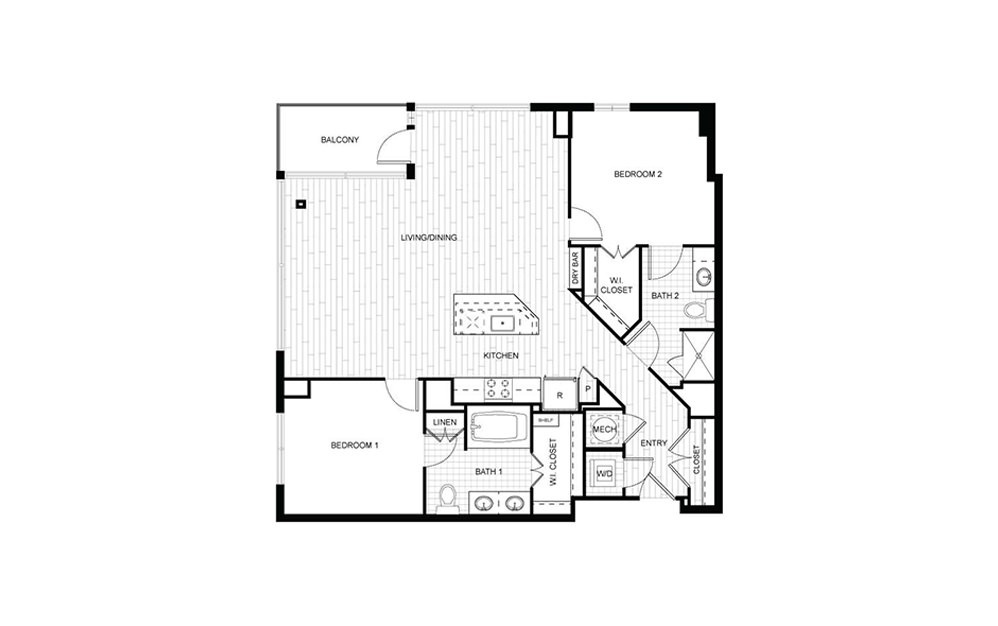 T.C02A - 2 bedroom floorplan layout with 2 baths and 1169 to 1172 square feet.