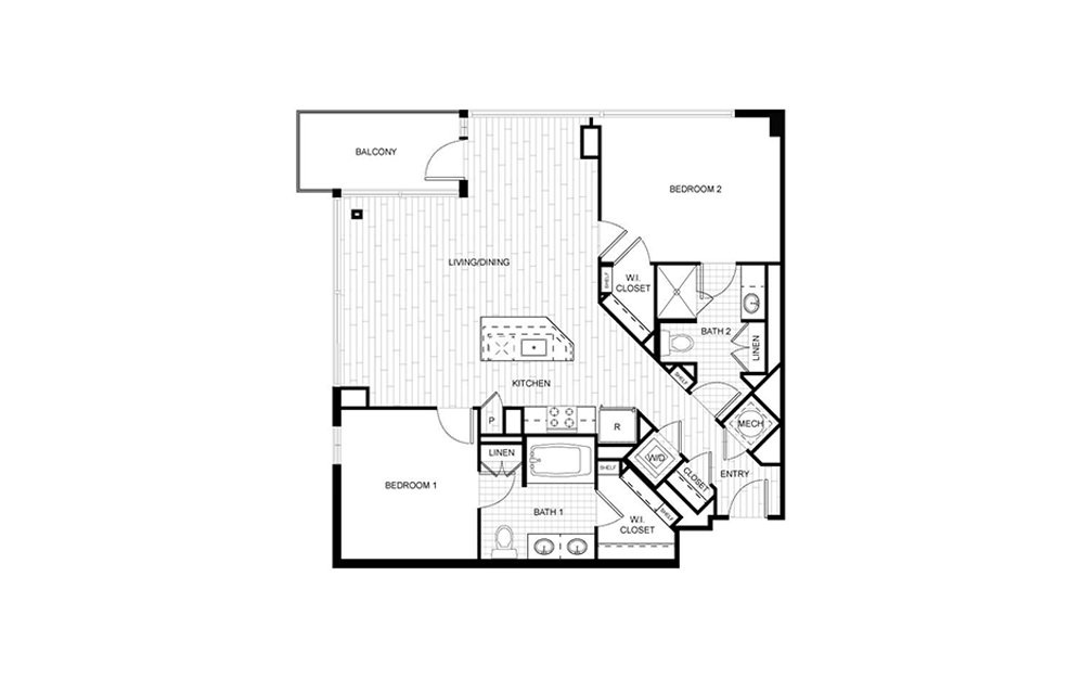 T.C02B - 2 bedroom floorplan layout with 2 baths and 1092 to 1093 square feet.