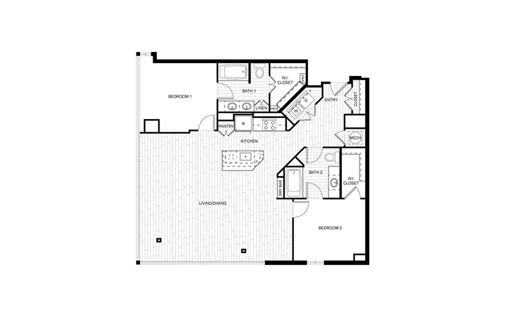T.C03 - 2 bedroom floorplan layout with 2 baths and 1310 square feet.
