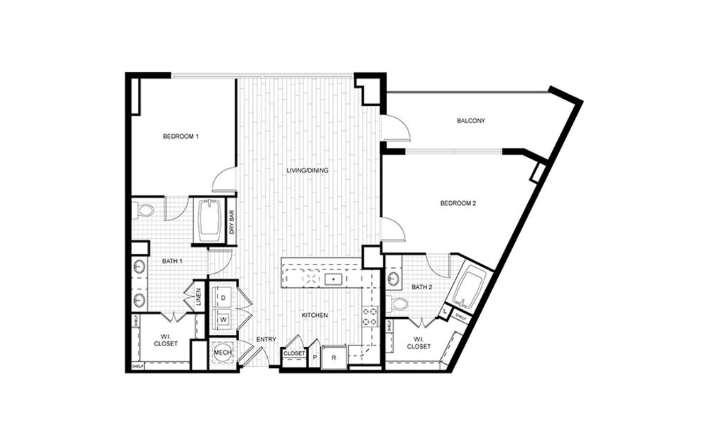 T.C04 - 2 bedroom floorplan layout with 2 baths and 1227 to 1284 square feet.