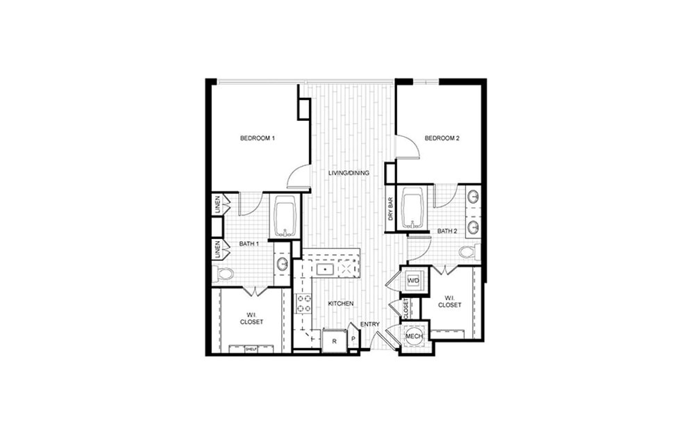 T.C05 - 2 bedroom floorplan layout with 2 baths and 974 to 984 square feet.