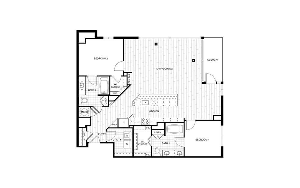 T.C07 - 2 bedroom floorplan layout with 2 baths and 1323 to 1331 square feet.