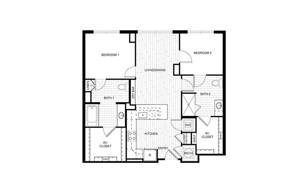 T.C08ANSI - 2 bedroom floorplan layout with 2 baths and 922 square feet.