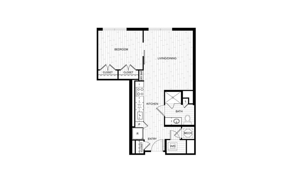 T.S01 - 1 bedroom floorplan layout with 1 bath and 611 to 616 square feet.